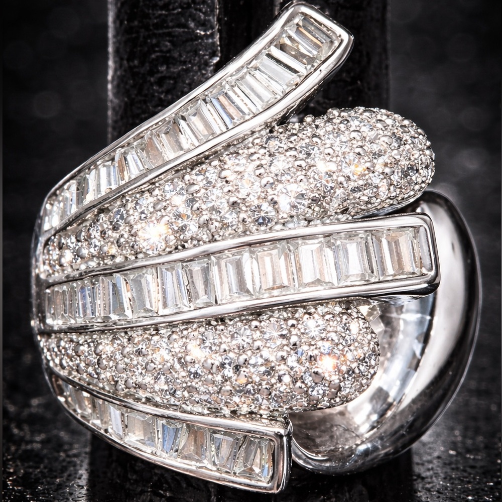 Ladies PAVE Channel Set Baguette Cz Diamond statement Cocktail DOME silver Ring